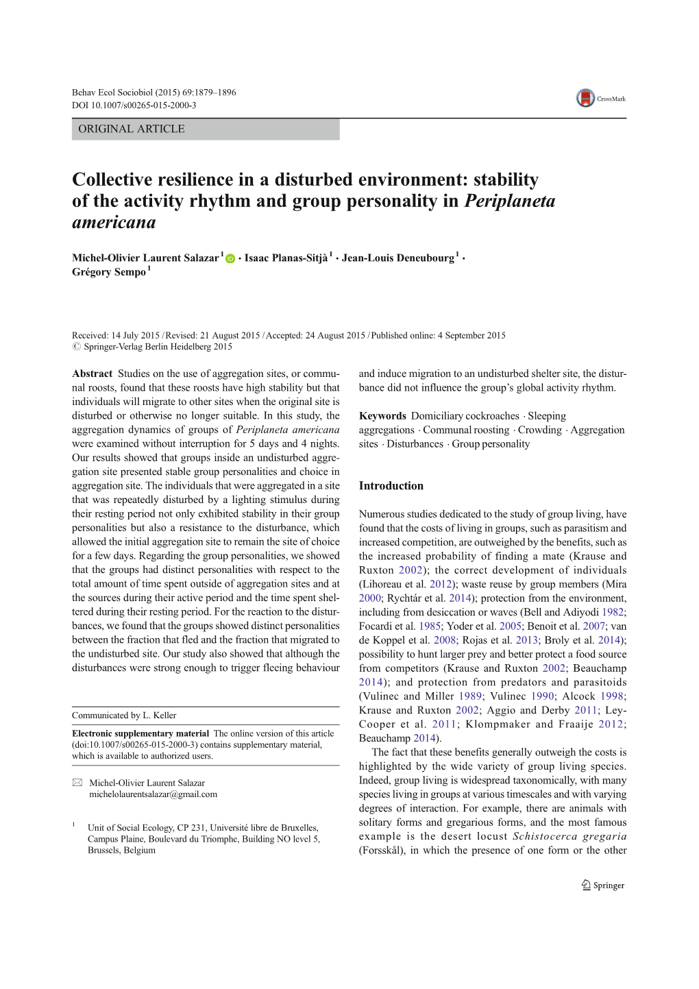 Collective Resilience in a Disturbed Environment: Stability of the Activity Rhythm and Group Personality in Periplaneta Americana