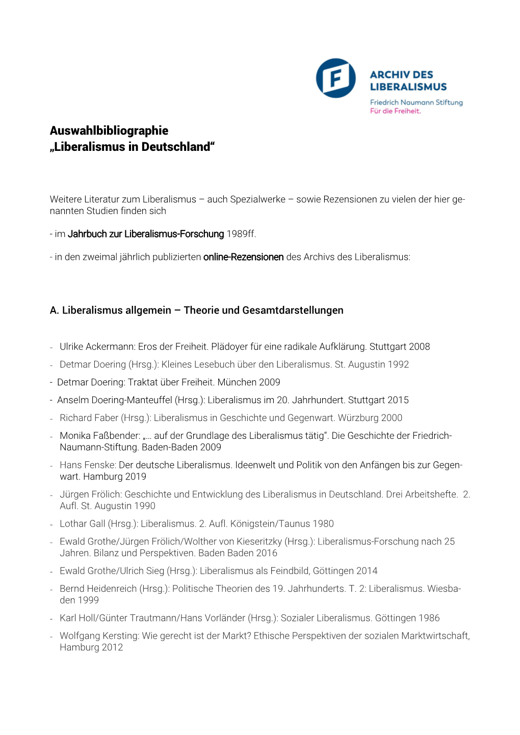 Auswahlbibliographie „Liberalismus in Deutschland“