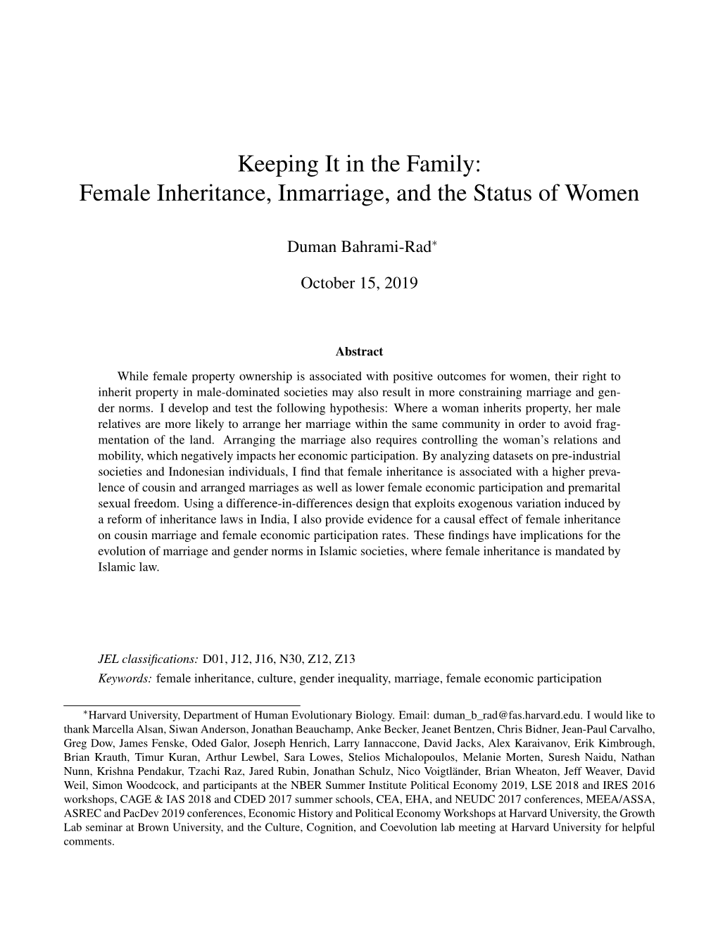 Female Inheritance, Inmarriage, and the Status of Women