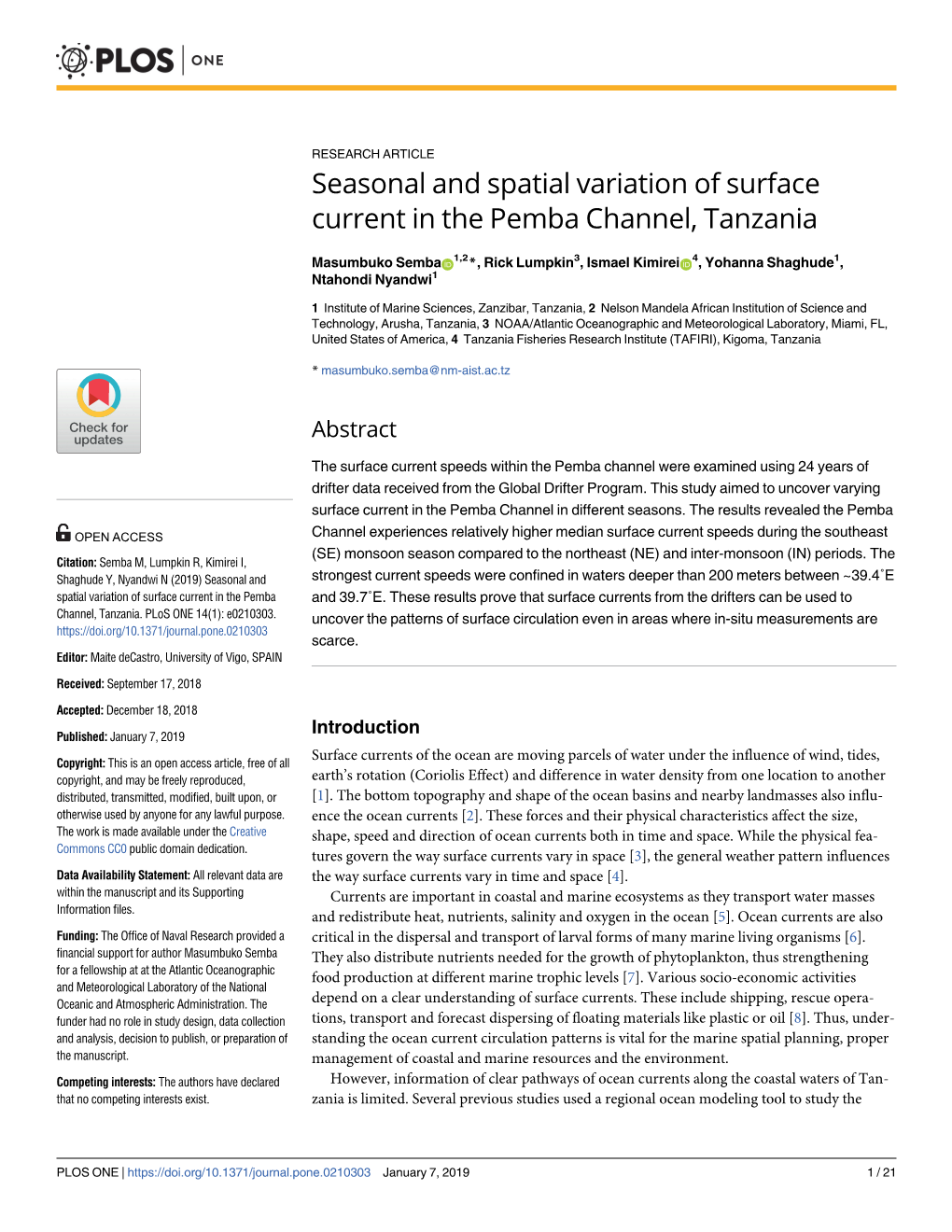 Seasonal and Spatial Variation of Surface Current in the Pemba Channel, Tanzania