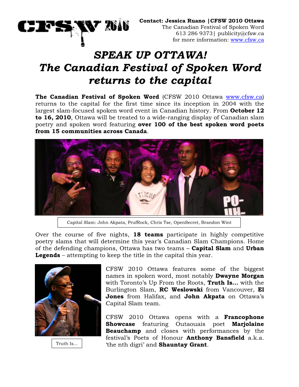 SPEAK up OTTAWA! the Canadian Festival of Spoken Word Returns to the Capital