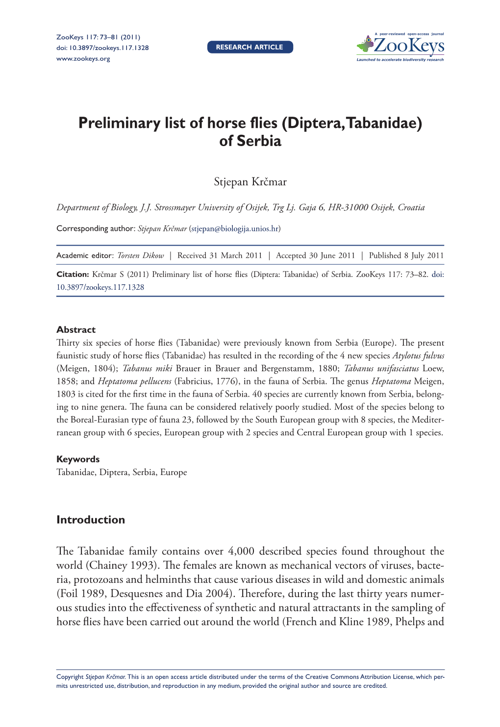 Preliminary List of Horse Flies (Diptera: Tabanidae) of Serbia