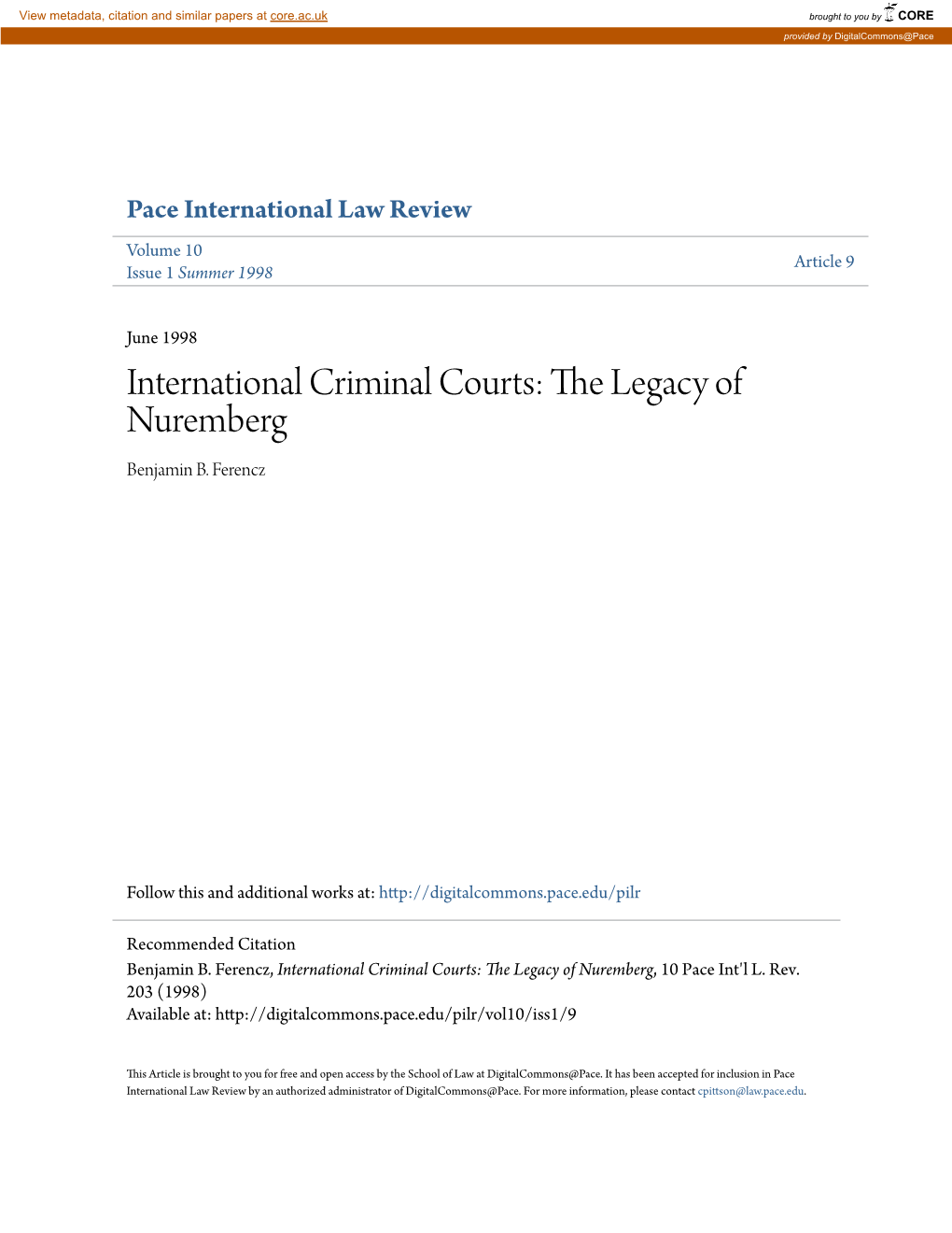 International Criminal Courts: the Legacy of Nuremberg Benjamin B