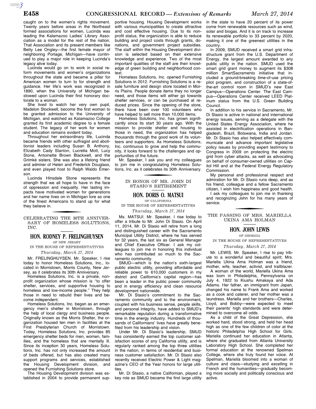 CONGRESSIONAL RECORD— Extensions of Remarks E458 HON. RODNEY P. FRELINGHUYSEN HON. DORIS O. MATSUI HON. JOHN LEWIS