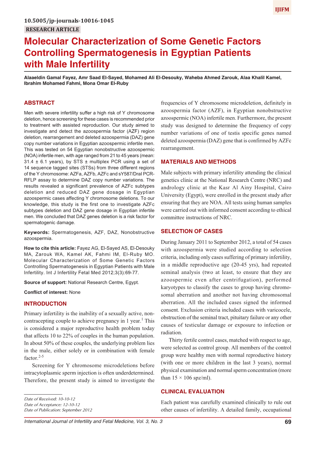 Molecular Characterization of Some Genetic Factors Controlling Spermatogenesis in Egyptian Patients with Male Infertility