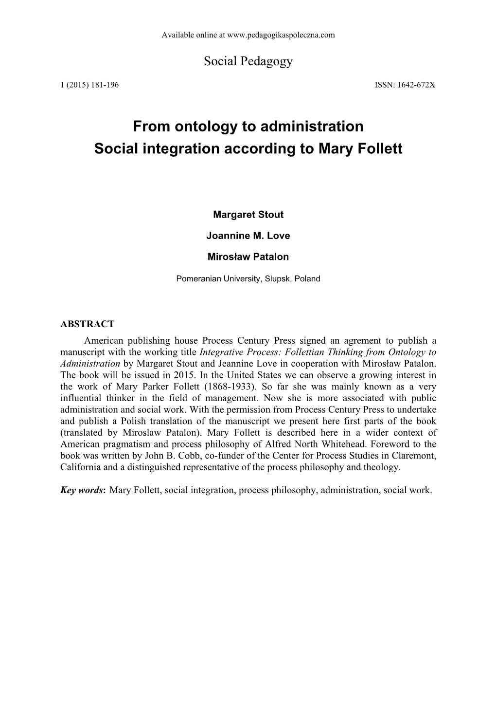 From Ontology to Administration Social Integration According to Mary Follett