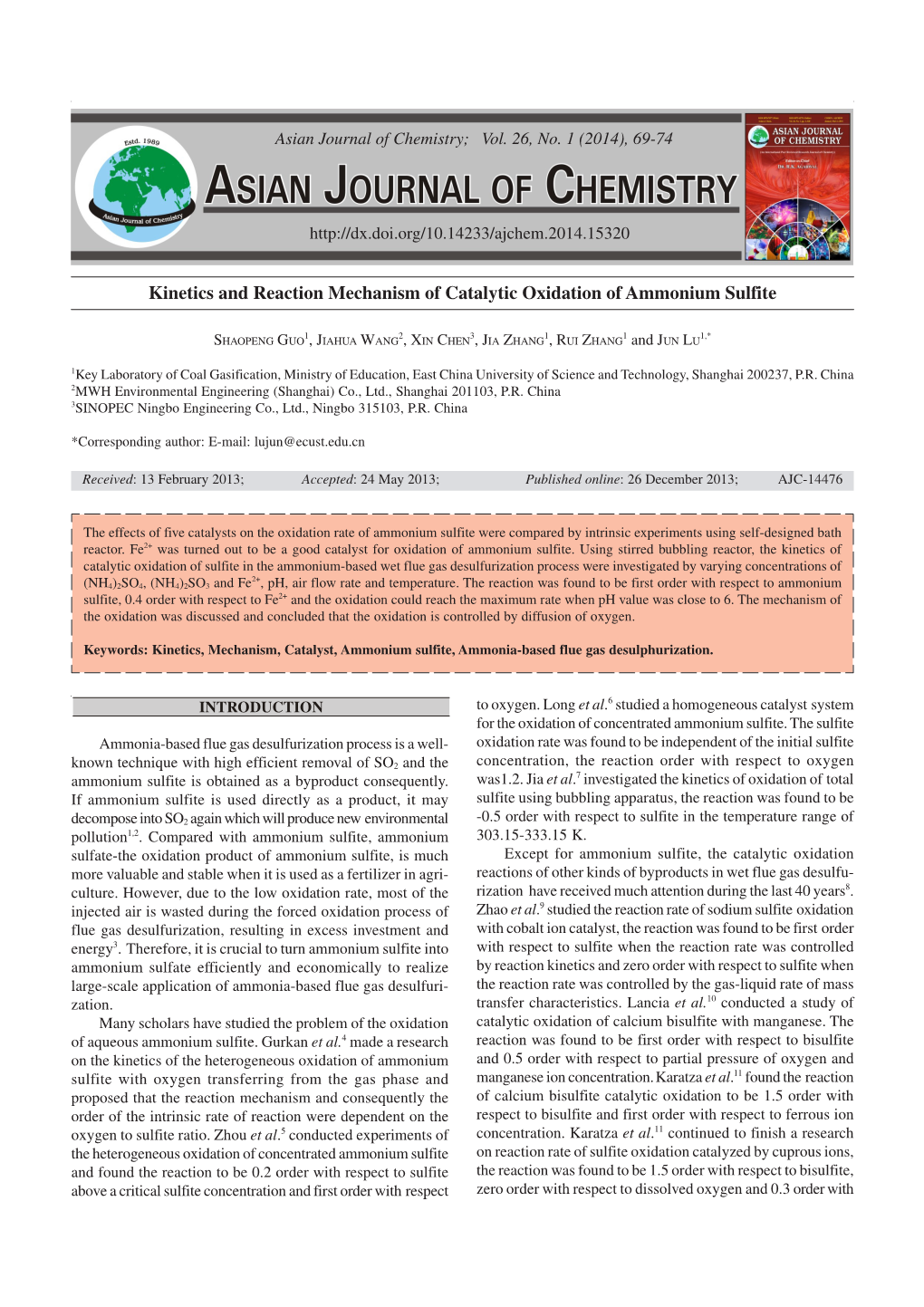 Kinetics and Reaction Mechanism of Catalytic Oxidation of Ammonium Sulfite