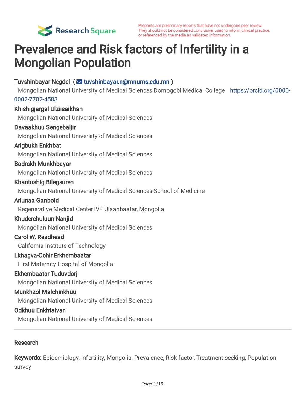 Prevalence and Risk Factors of Infertility in a Mongolian Population