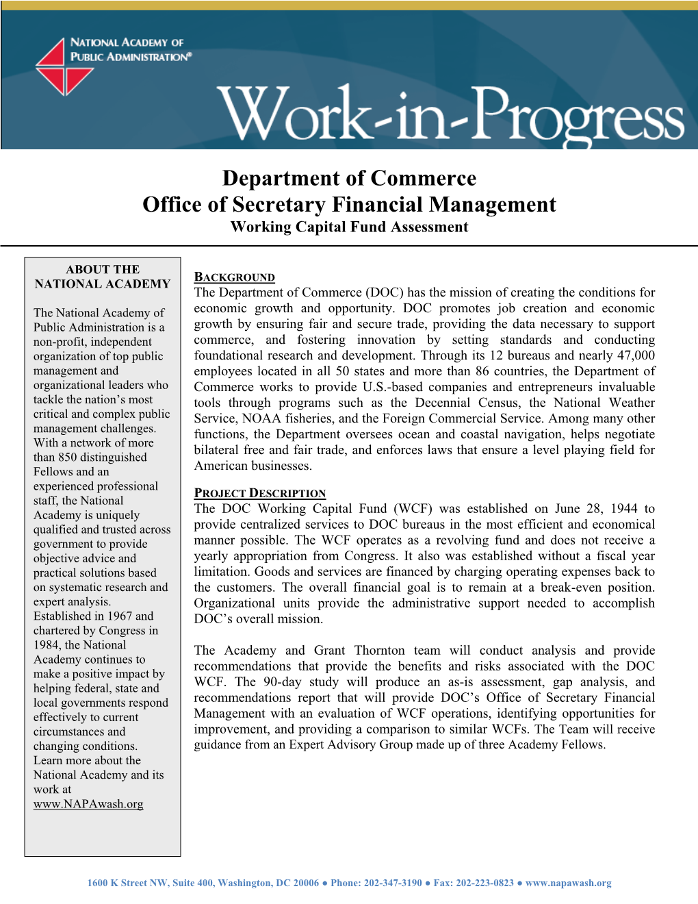 Department of Commerce Office of Secretary Financial Management Working Capital Fund Assessment