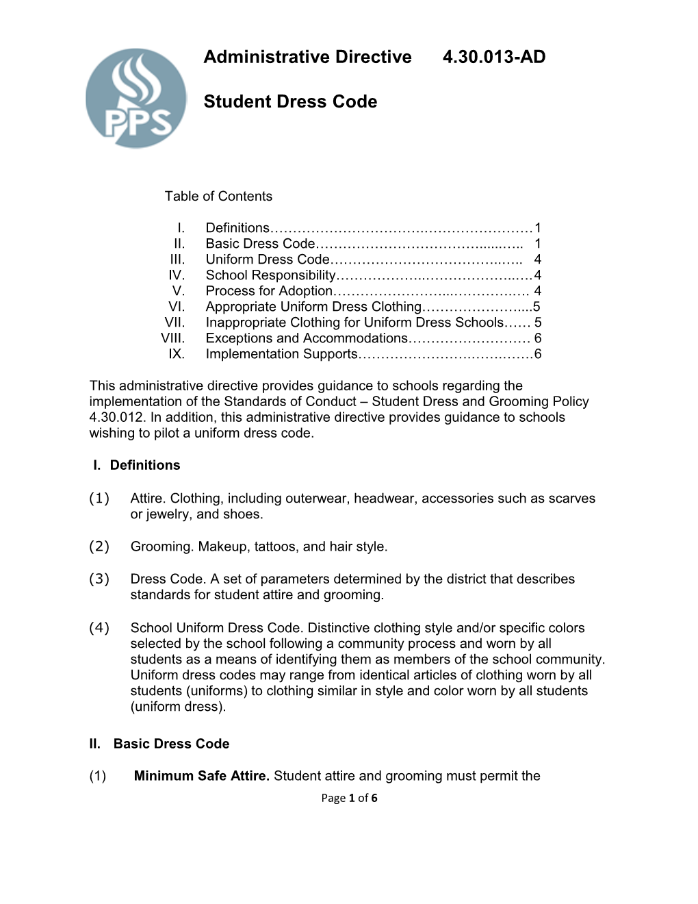 Administrative Directive 4.30.013-AD Student Dress Code