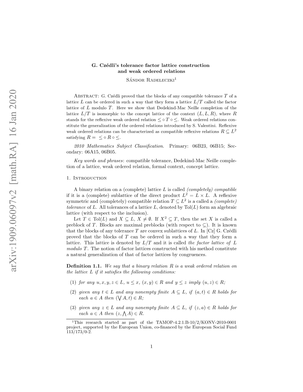 Arxiv:1909.06097V2 [Math.RA] 16 Jan 2020 H Lattice the Congruence 1.1