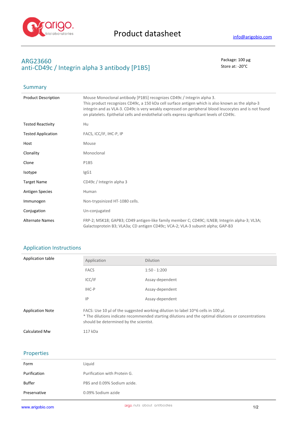 Anti-Cd49c / Integrin Alpha 3 Antibody [P1B5] (ARG23660)