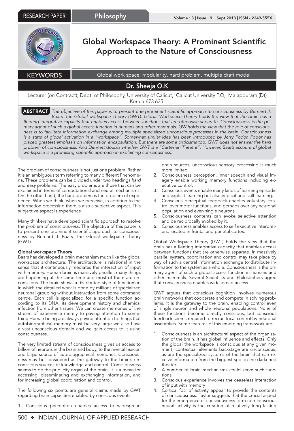 Global Workspace Theory: a Prominent Scientific Approach to the Nature of Consciousness