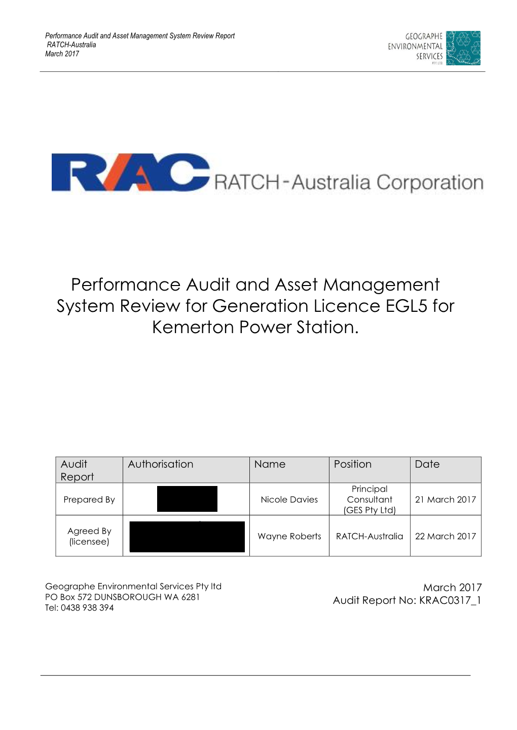 Performance Audit and Asset Management System Review for Generation Licence EGL5 for Kemerton Power Station