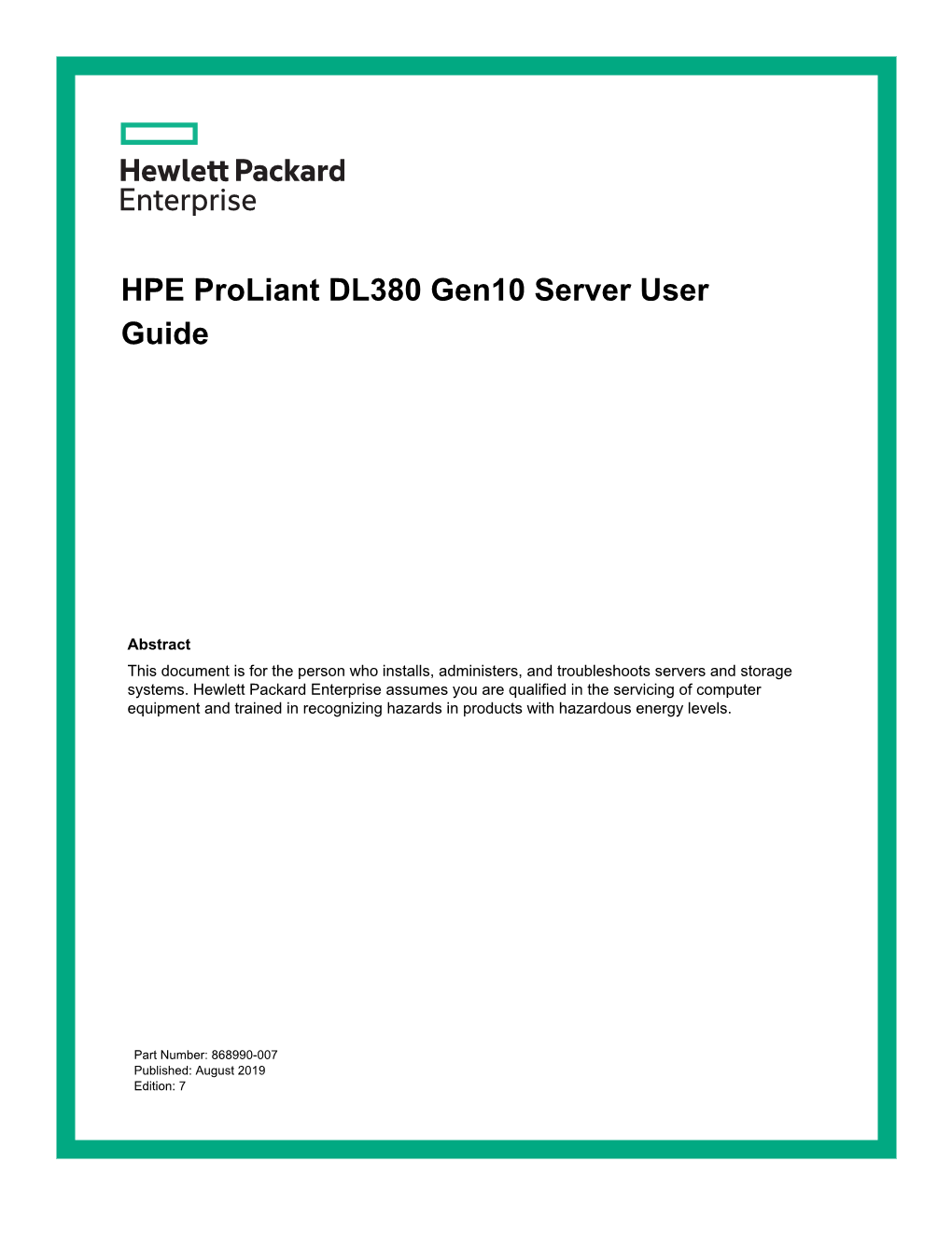 HPE Proliant DL380 Gen10 Server User Guide