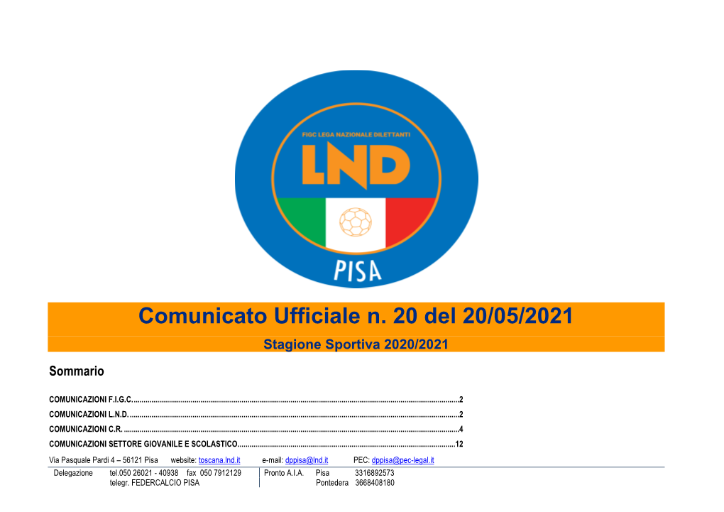 Comunicato Ufficiale N. 20 Del 20/05/2021