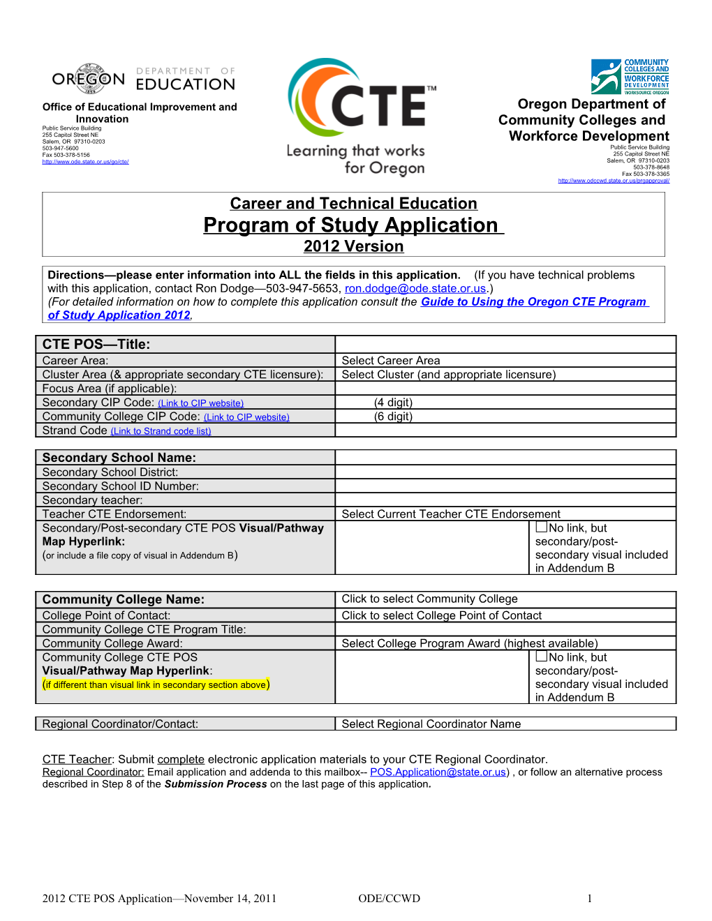 CTE POS: Oregon Program of Study Application