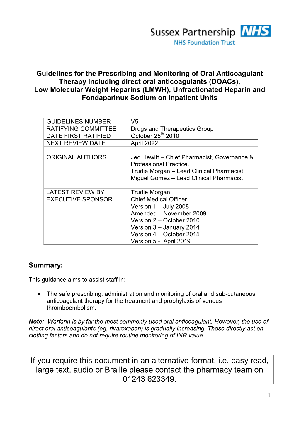 Guidelines for the Prescribing and Monitoring of Oral Anticoagulant