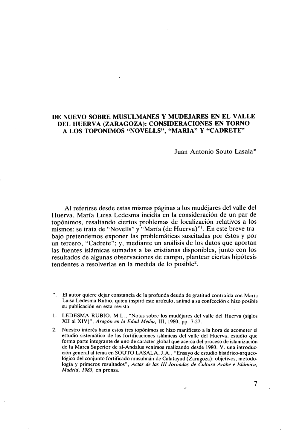 De Nuevo Sobre Musulmanes Y Mudejares En El Valle Del Huerva (Zaragoza): Consideraciones En Torno a Los Toponimos "Novells", "Maria" Y "Cadrete"