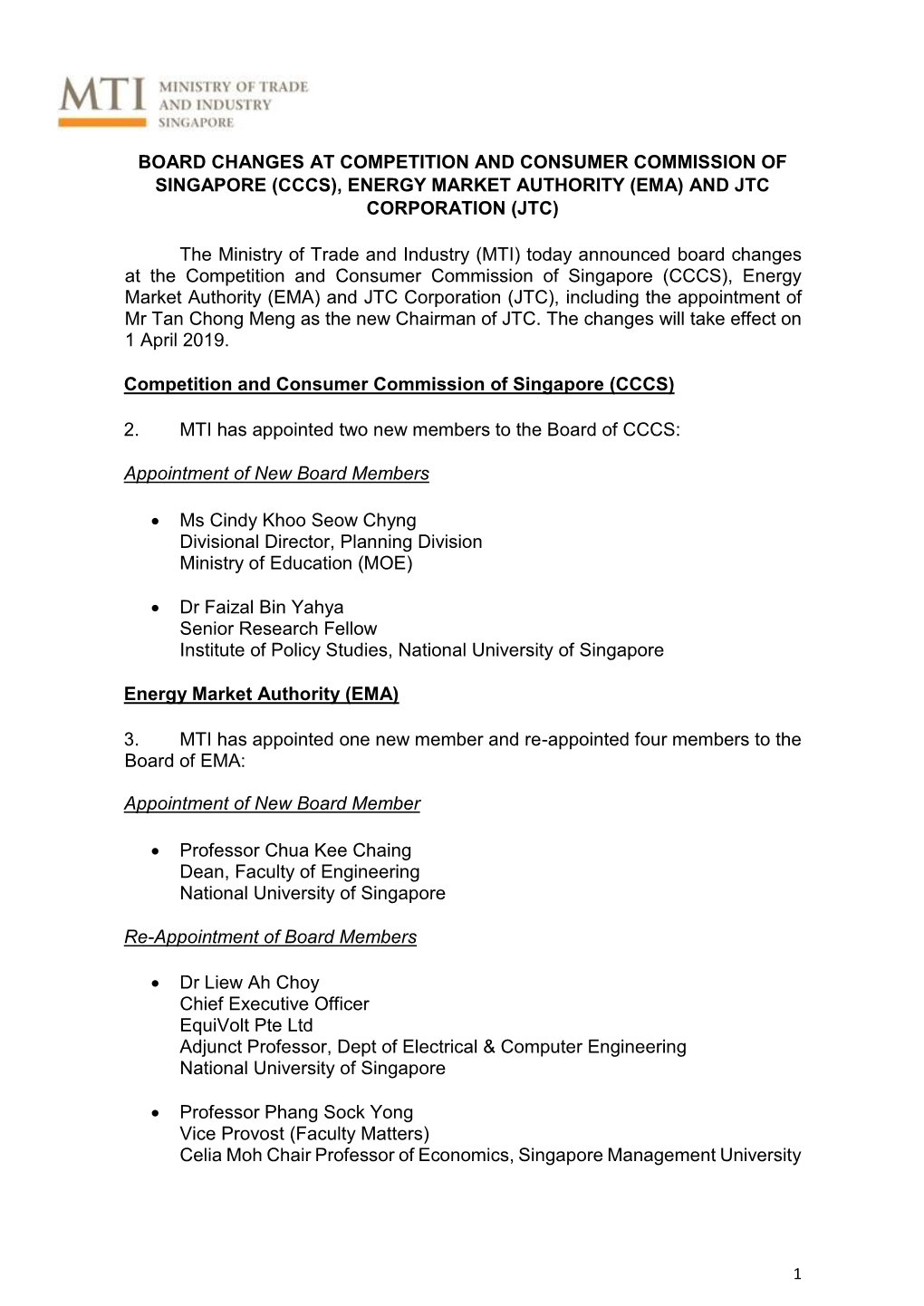 Energy Market Authority (Ema) and Jtc Corporation (Jtc)