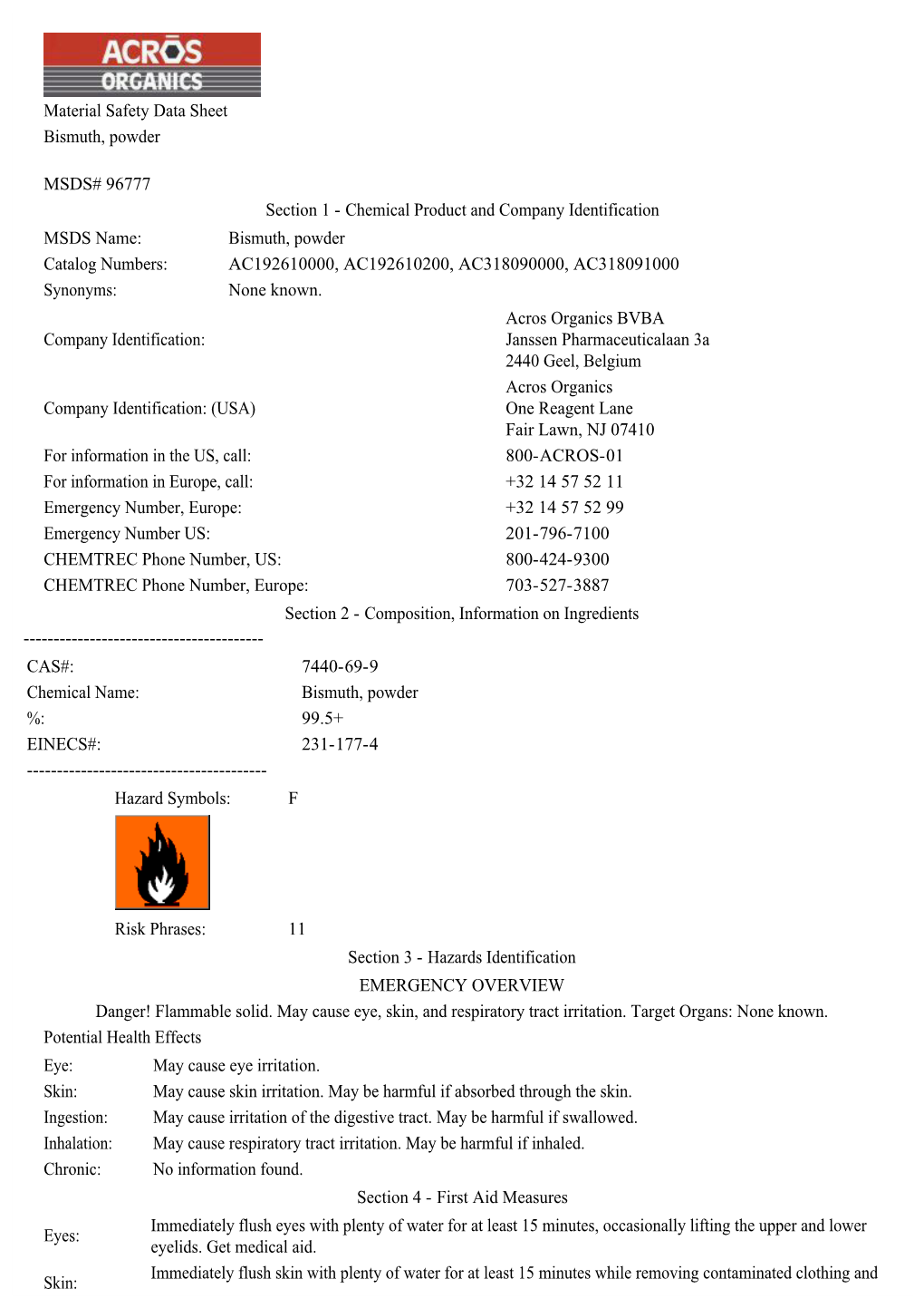 Material Safety Data Sheet Bismuth, Powder MSDS# 96777 Section 1