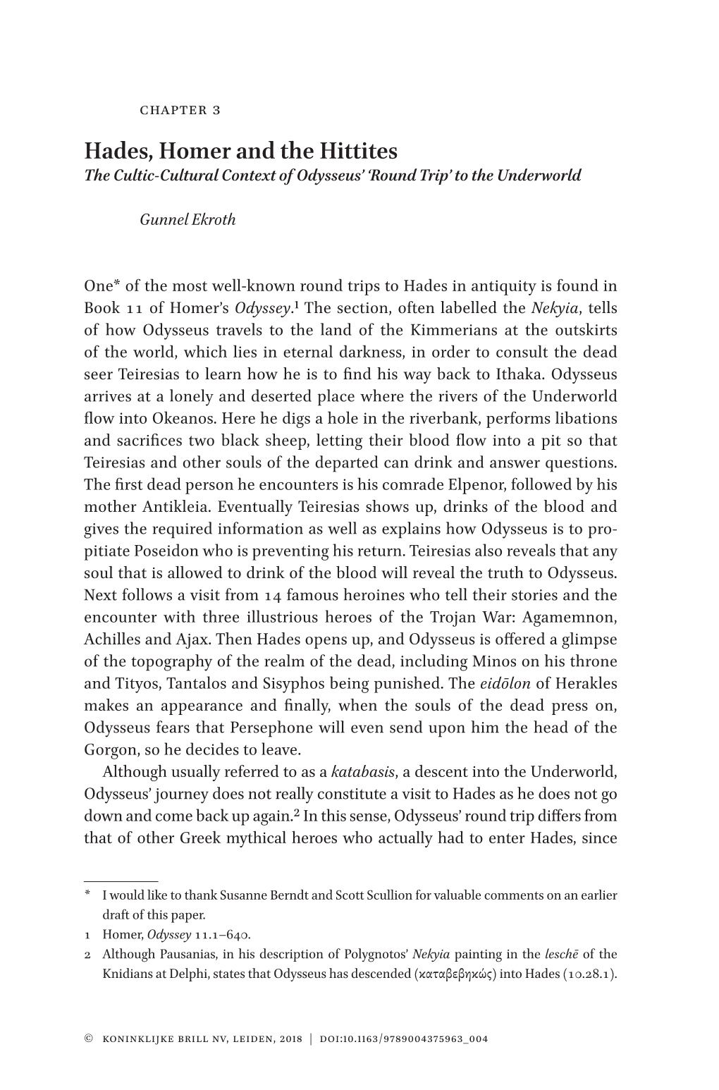 Hades, Homer and the Hittites the Cultic-​Cultural Context of Odysseus’ ‘Round Trip’ to the Underworld