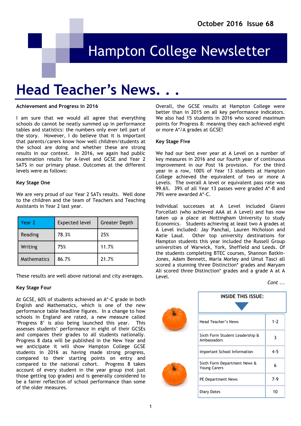 Hampton College Newsletter Head Teacher's News