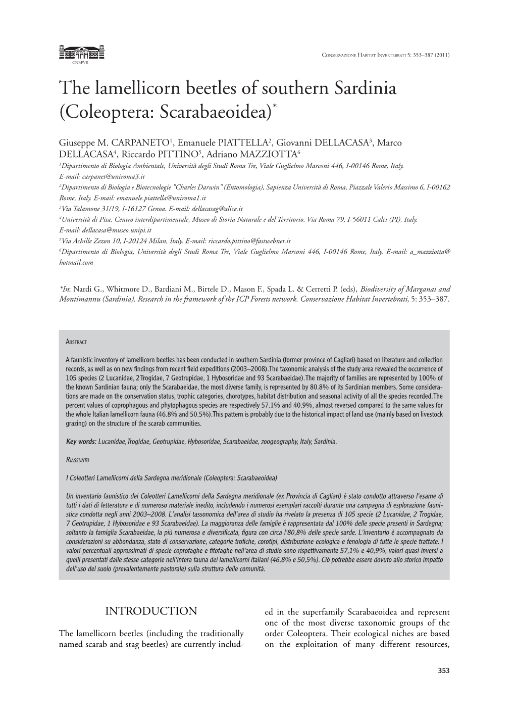 The Lamellicorn Beetles of Southern Sardinia ( Coleoptera: Scarabaeoidea) *