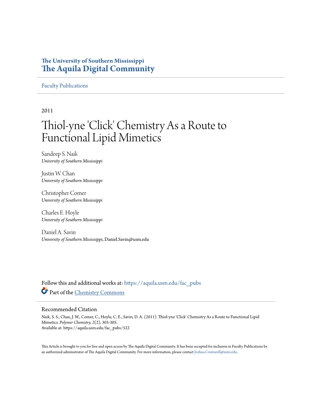 Thiol-Yne 'Click' Chemistry As a Route to Functional Lipid Mimetics Sandeep S