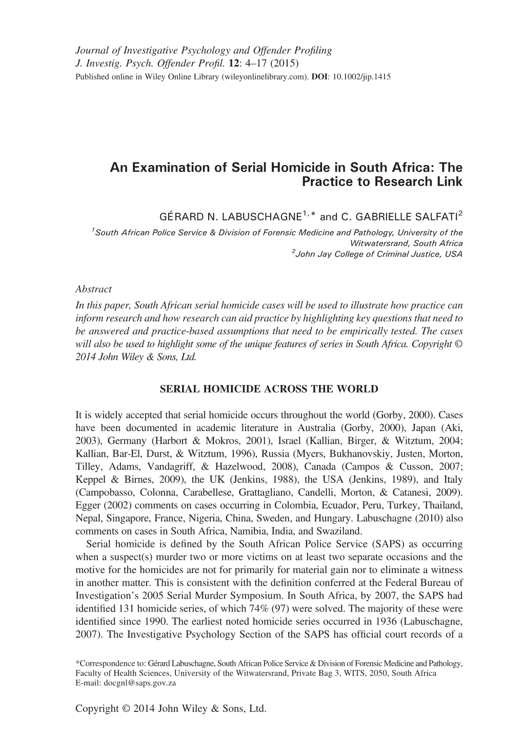 An Examination of Serial Homicide in South Africa: the Practice to Research Link