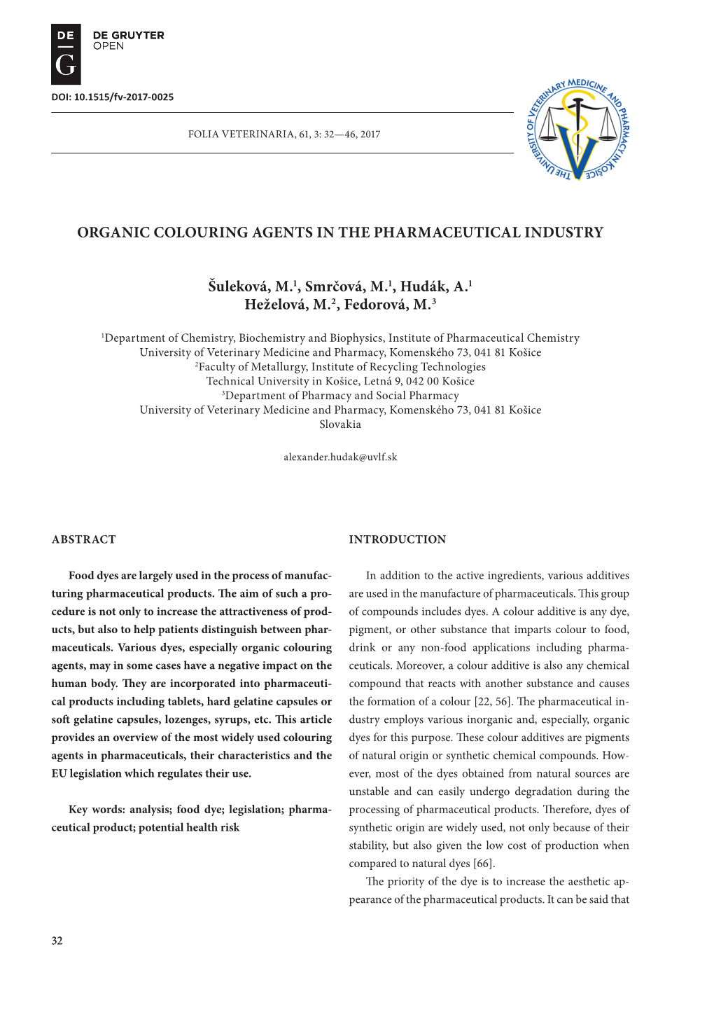 Organic Colouring Agents in the Pharmaceutical Industry