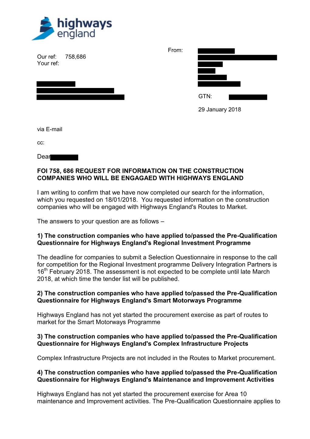 Foi 758, 686 Request for Information on the Construction Companies Who Will Be Engagaed with Highways England