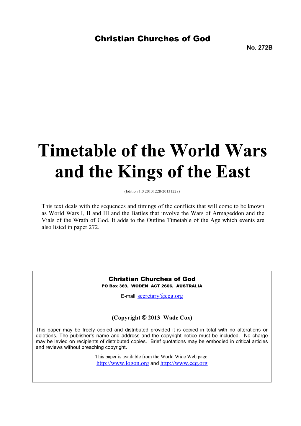 Timetable of the World Wars and the Kings of the East (No. 272B)