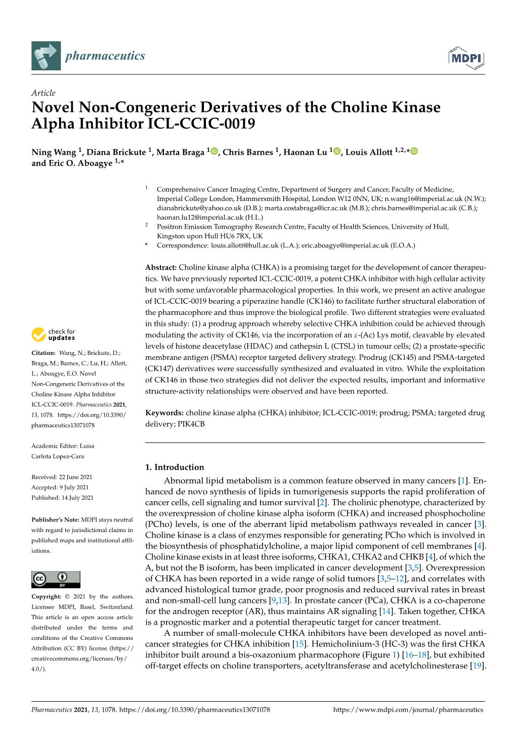 Novel Non-Congeneric Derivatives of the Choline Kinase Alpha Inhibitor ICL-CCIC-0019