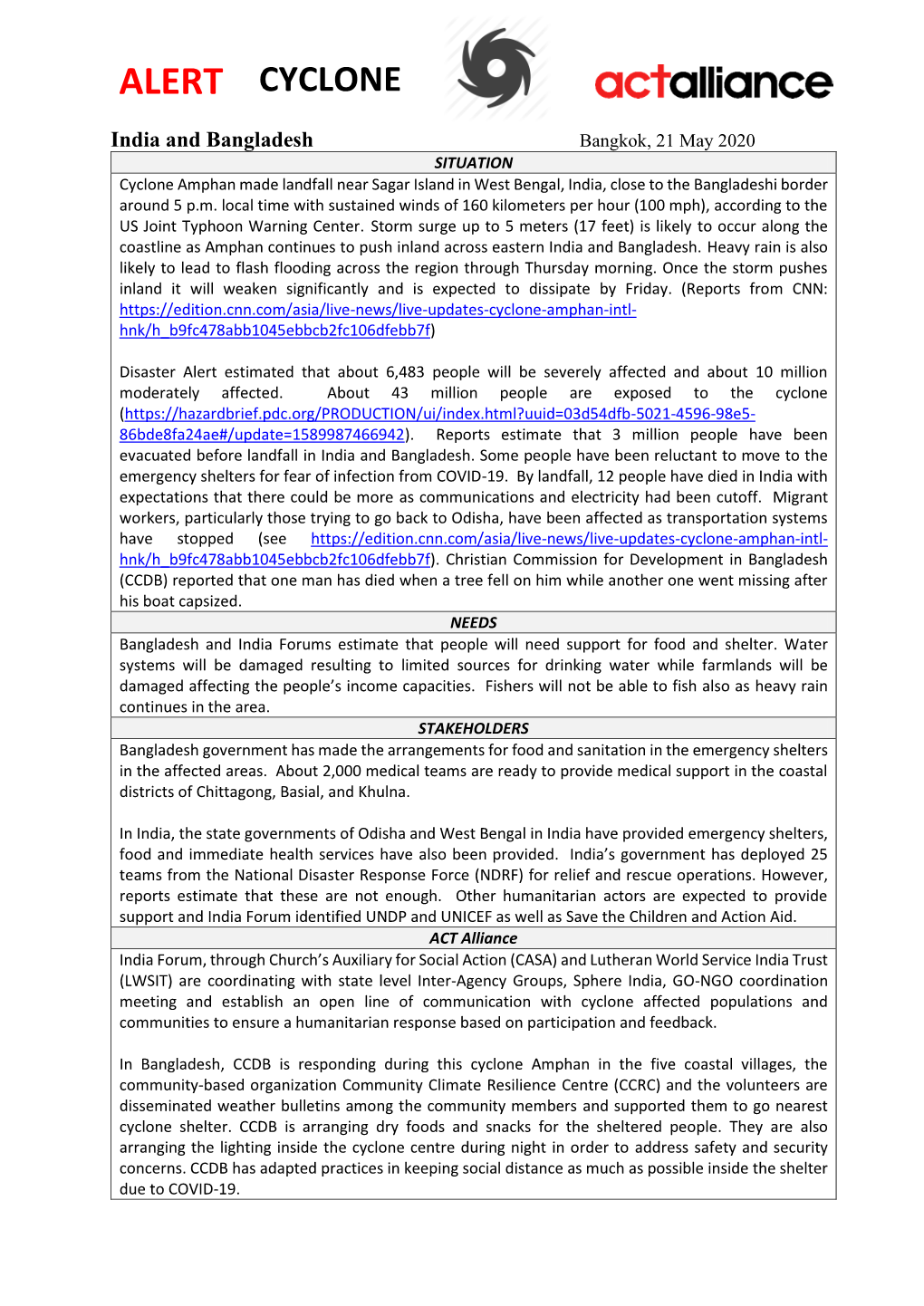 ALERT Bangladesh India Cyclone Amphan
