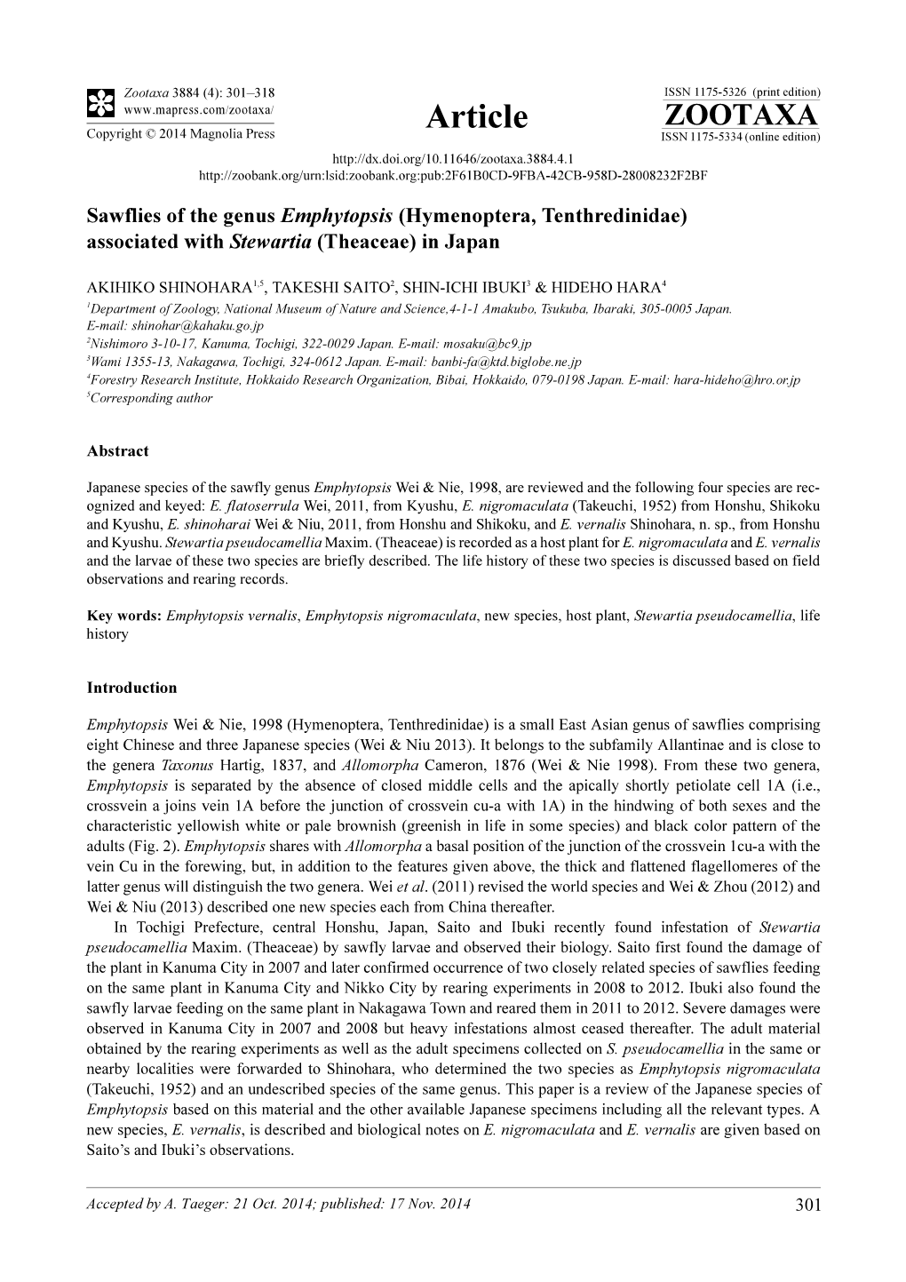 Sawflies of the Genus Emphytopsis (Hymenoptera, Tenthredinidae) Associated with Stewartia (Theaceae) in Japan