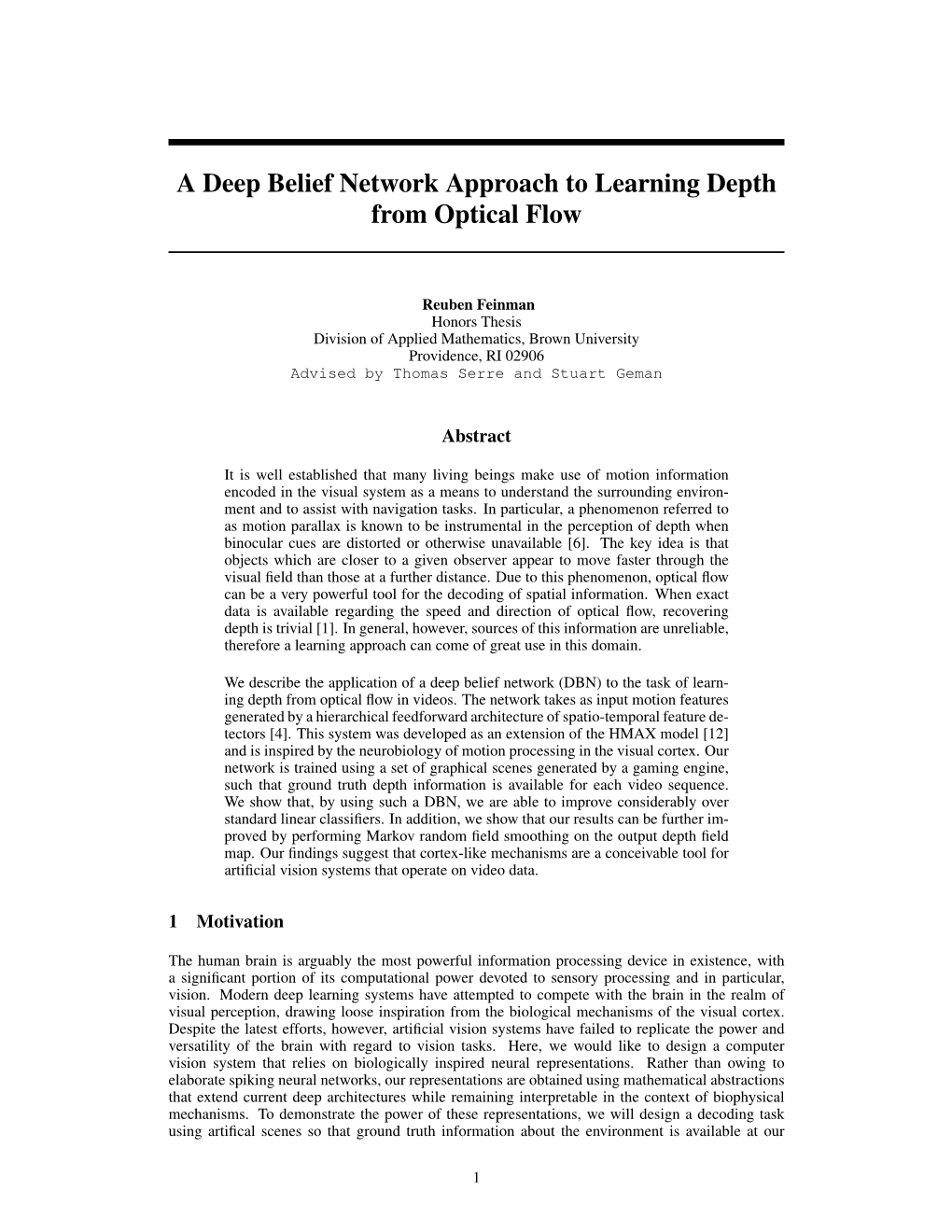 A Deep Belief Network Approach to Learning Depth from Optical Flow