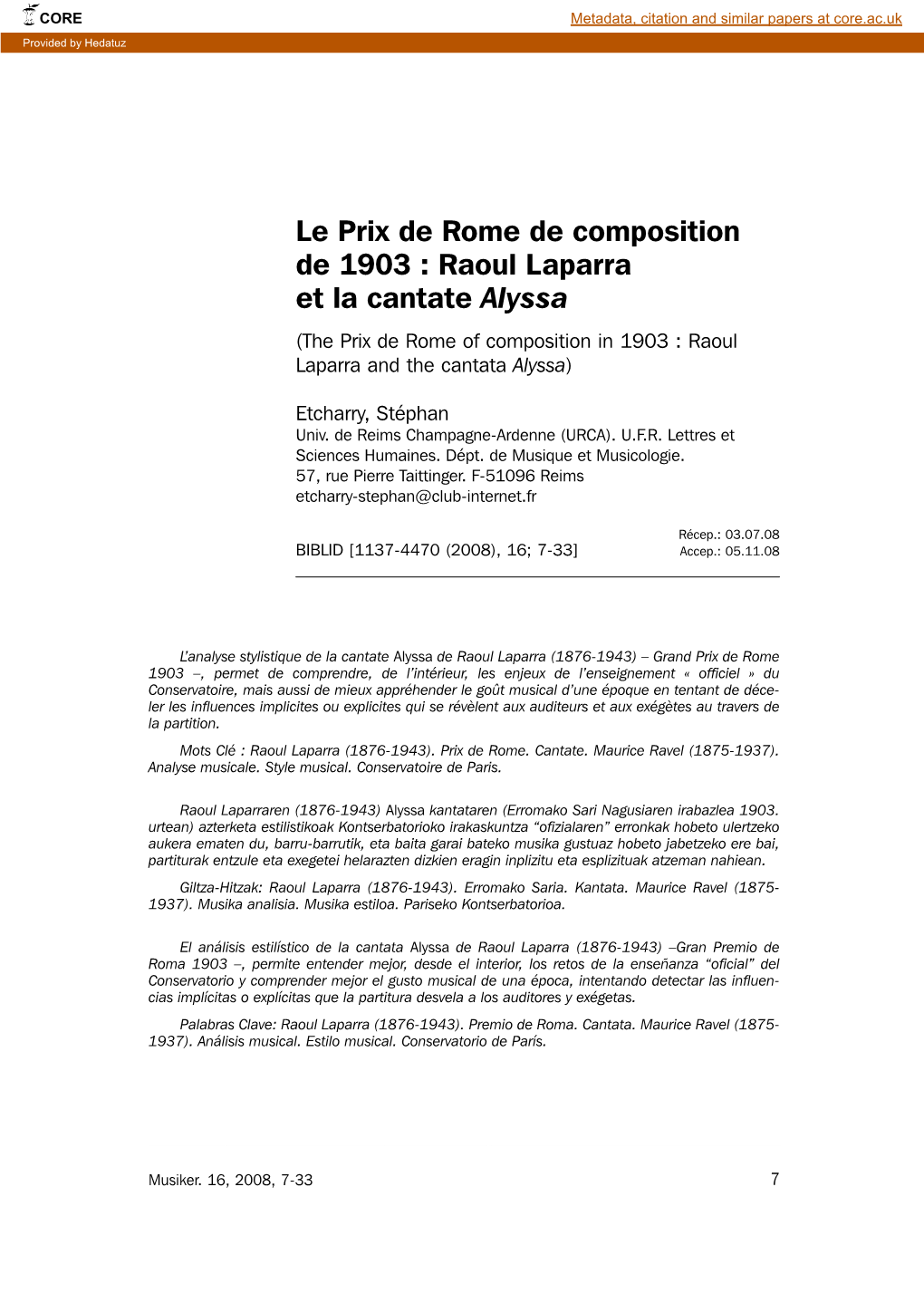 Le Prix De Rome De Composition De 1903: Raoul Laparra Et La Cantate