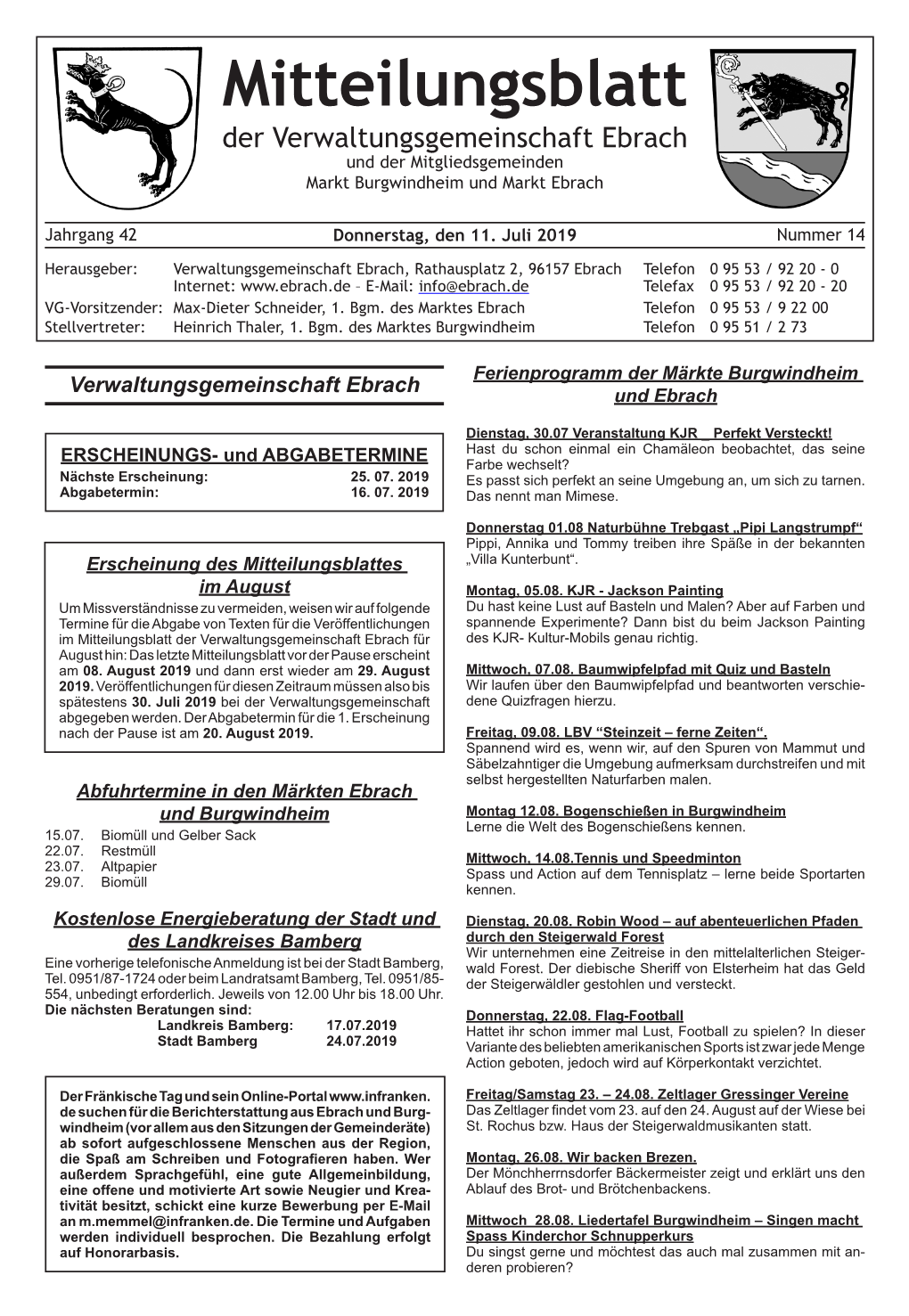 Mitteilungsblatt Der Verwaltungsgemeinschaft Ebrach Und Der Mitgliedsgemeinden Markt Burgwindheim Und Markt Ebrach