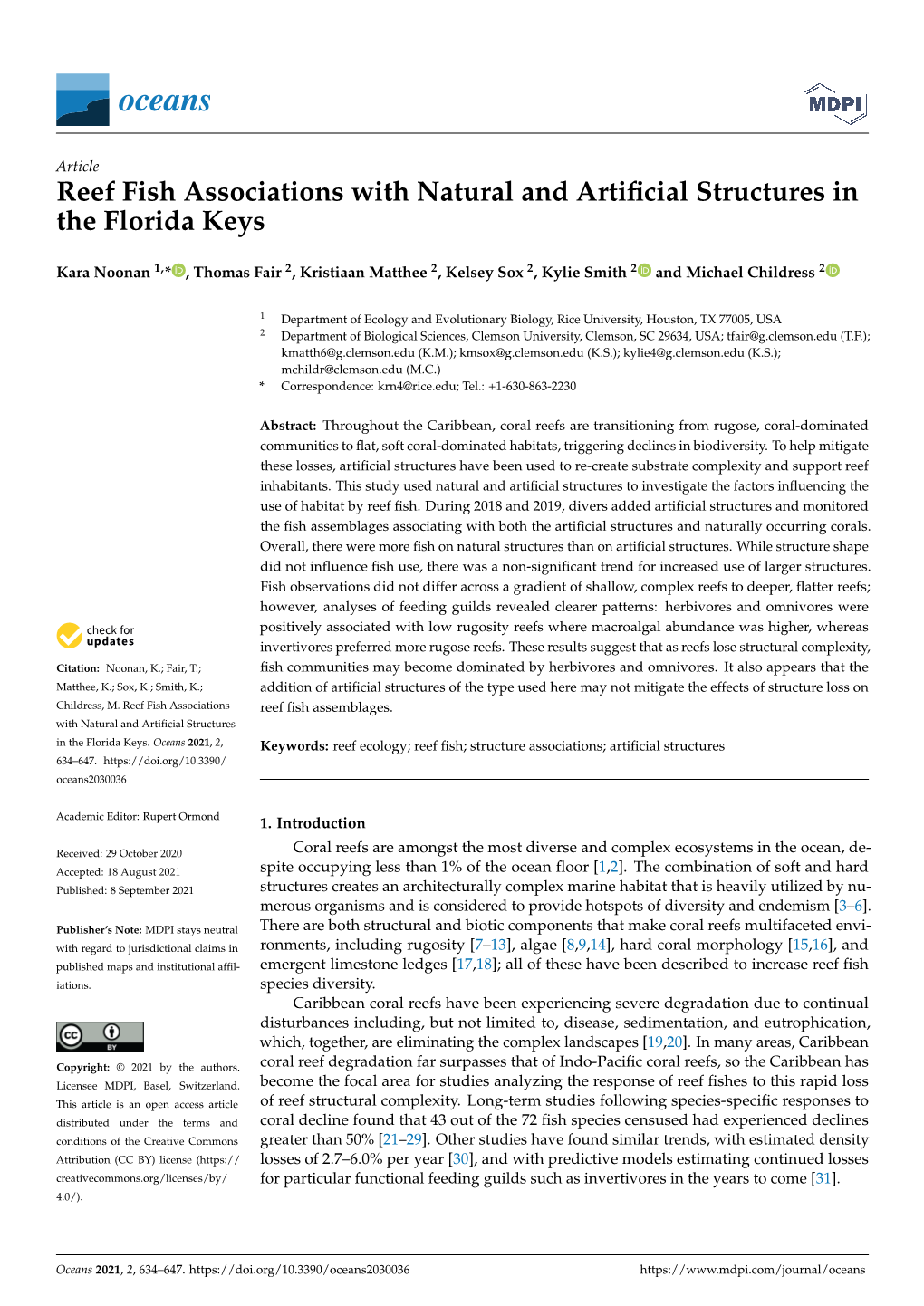 Reef Fish Associations with Natural and Artificial Structures in the Florida Keys