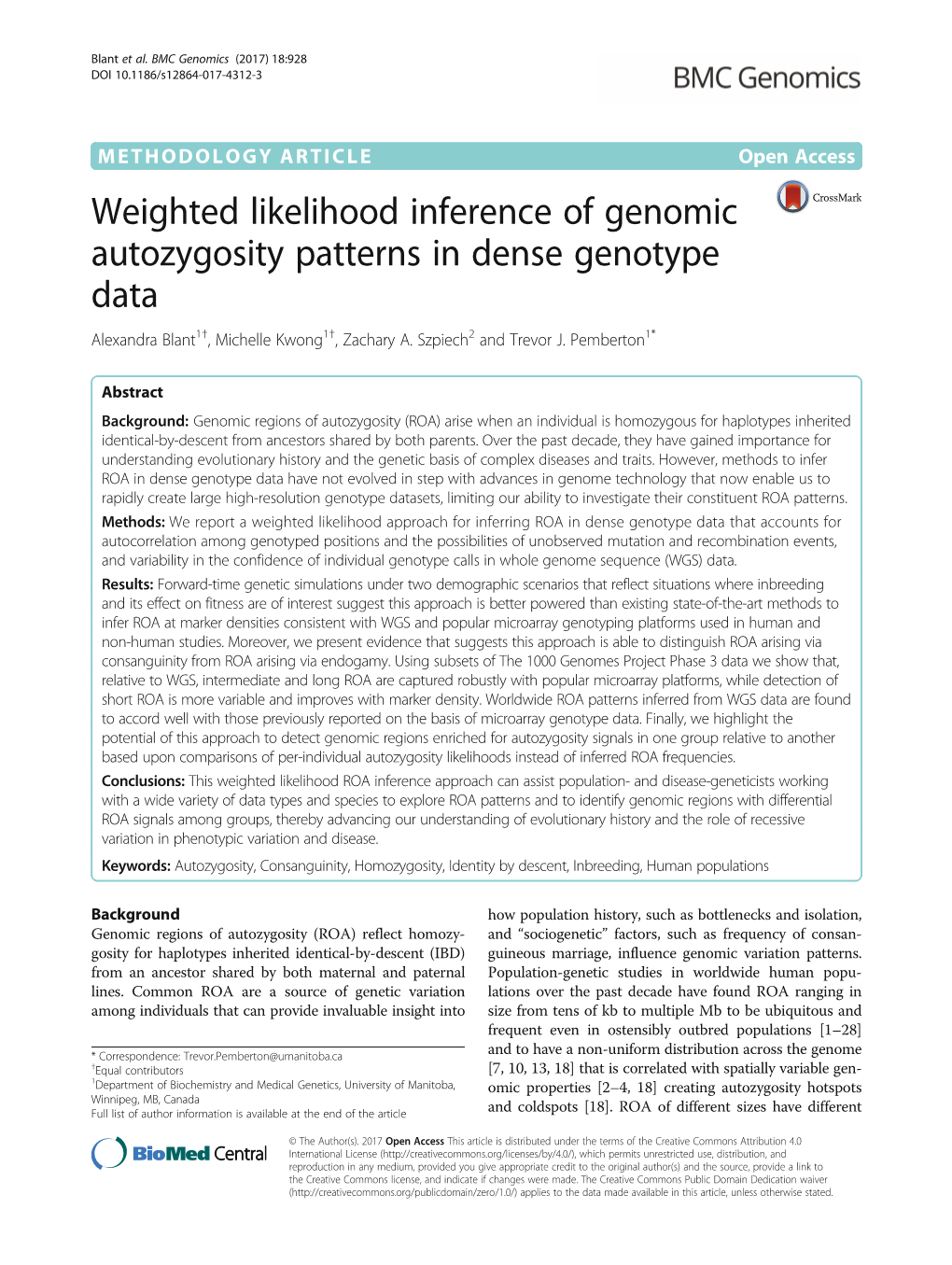 Weighted Likelihood Inference of Genomic Autozygosity Patterns in Dense Genotype Data Alexandra Blant1†, Michelle Kwong1†, Zachary A