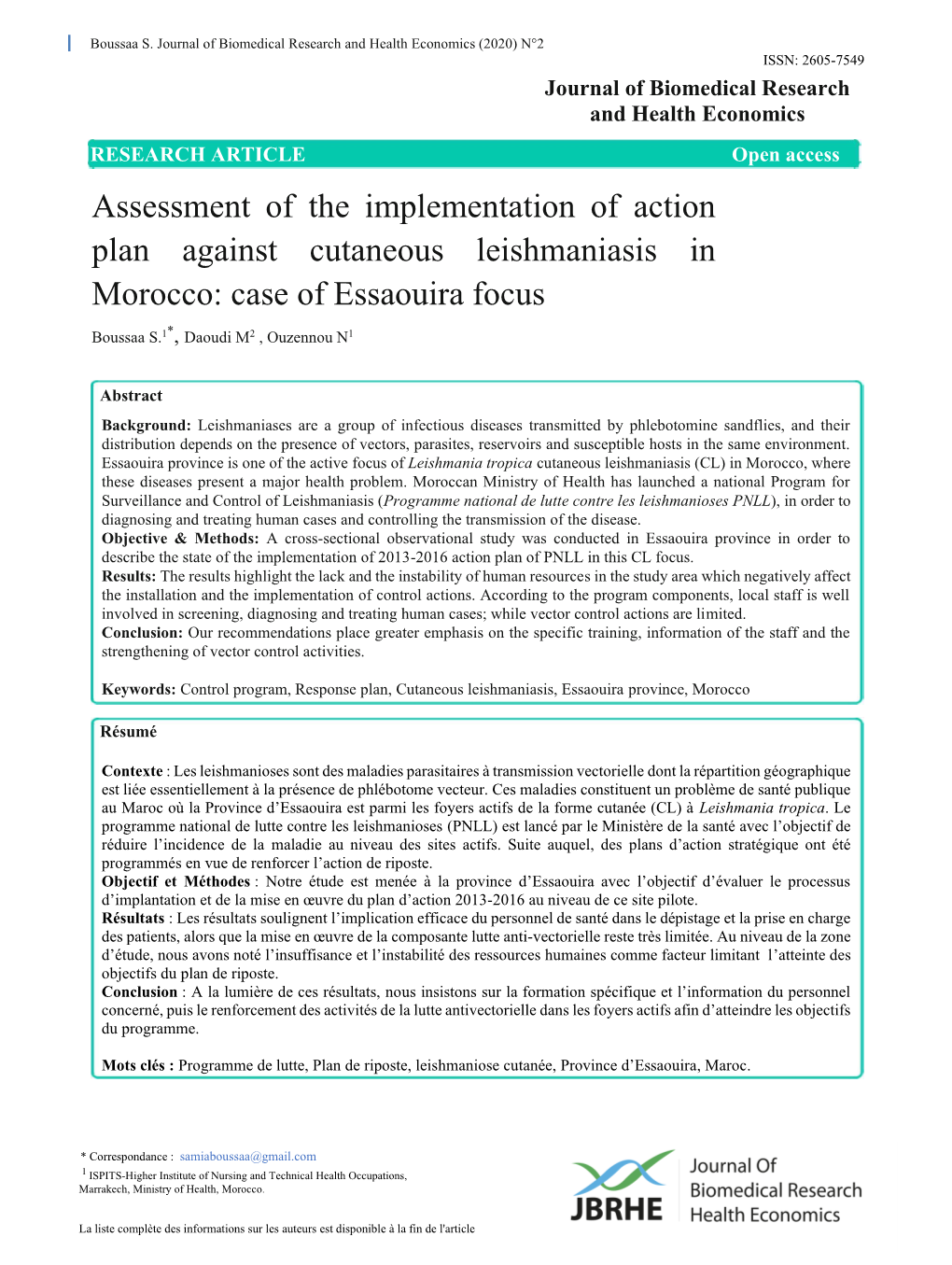 Boussaa S. Journal of Biomedical Research and Health Economics (2020) N°2 ISSN: 2605-7549