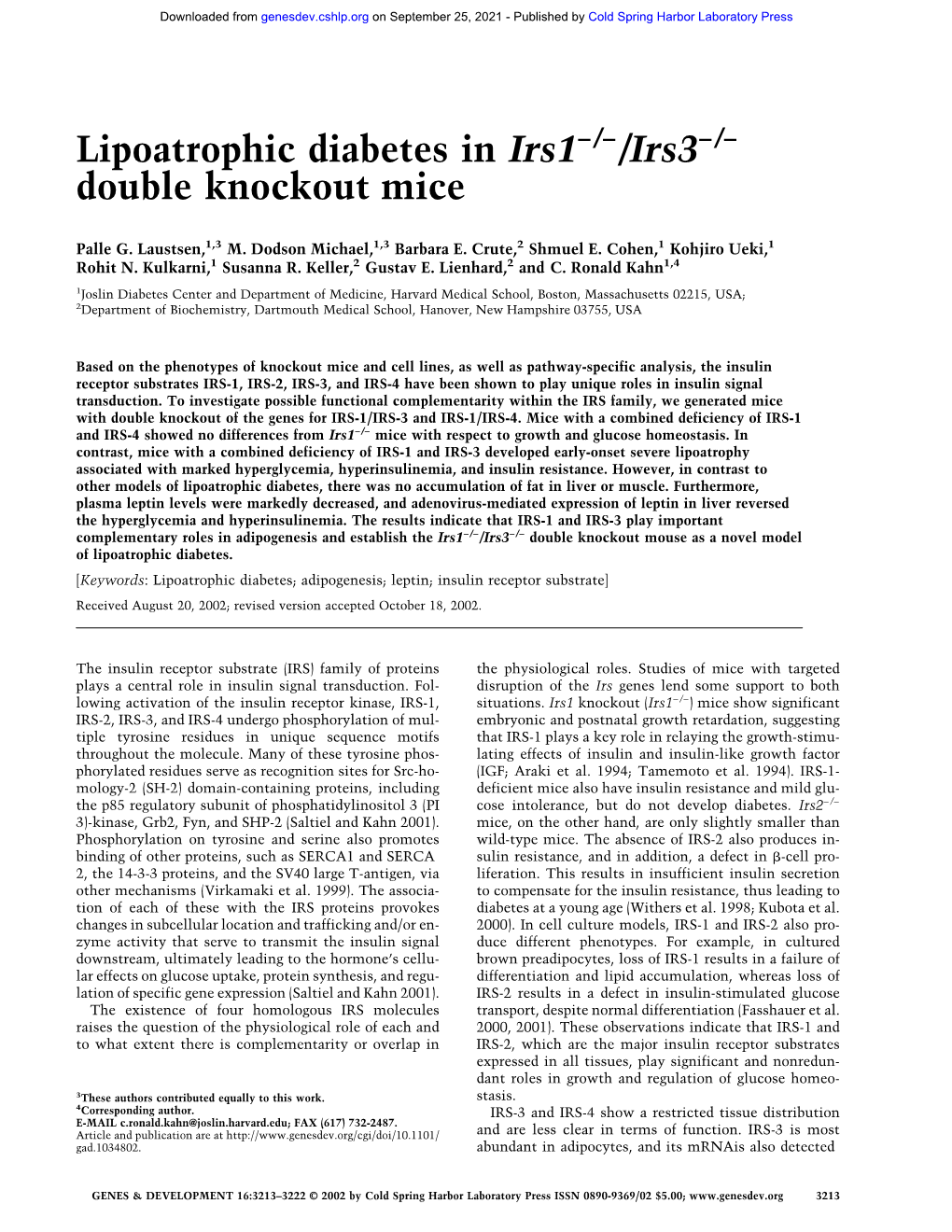 Lipoatrophic Diabetes in Irs1 /Irs3 Double Knockout Mice