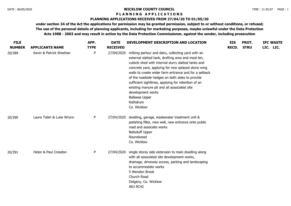 File Number Wicklow County Council P L a N N I N G a P P L I C a T I O N S Planning Applications Received from 27/04/20 To