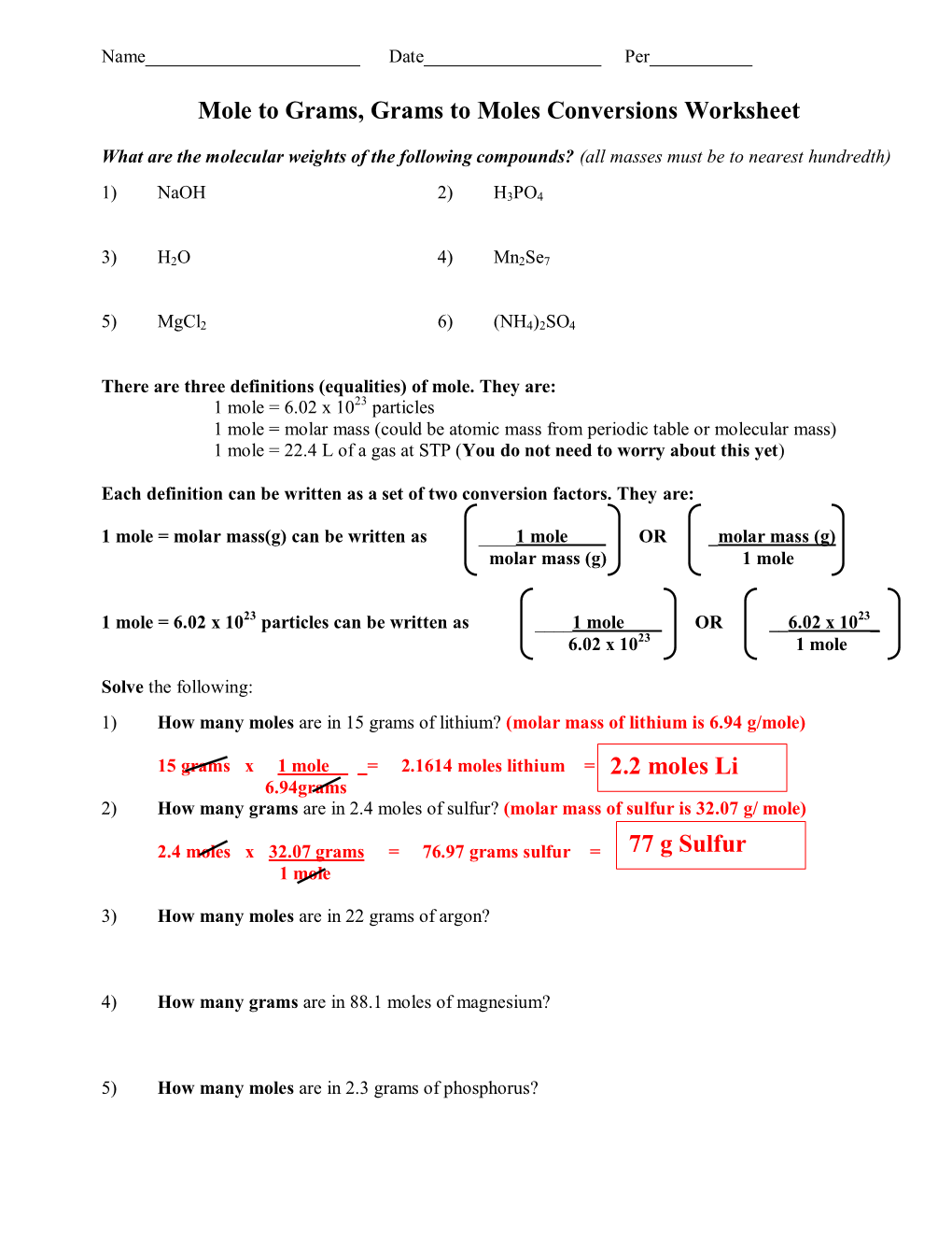 Mole Calculation Worksheet – Answer Key