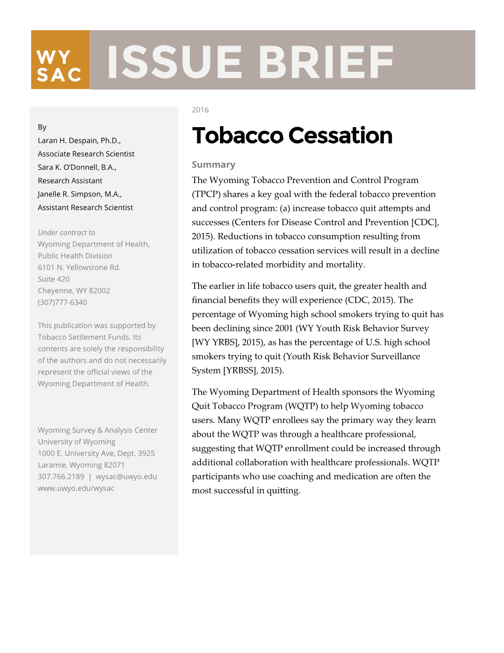 Tobacco Cessation Issue Brief