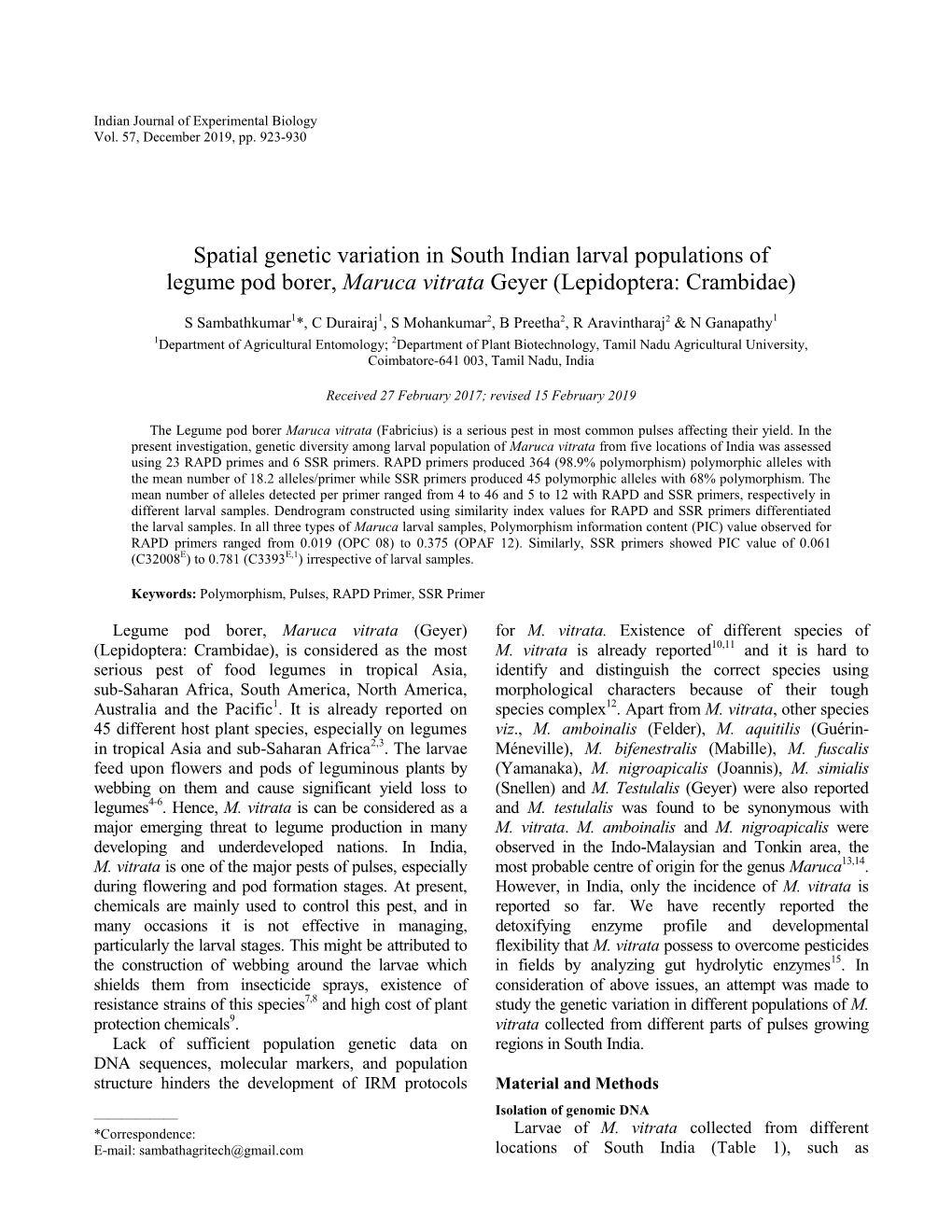 Spatial Genetic Variation in South Indian Larval Populations of Legume Pod Borer, Maruca Vitrata Geyer (Lepidoptera: Crambidae)