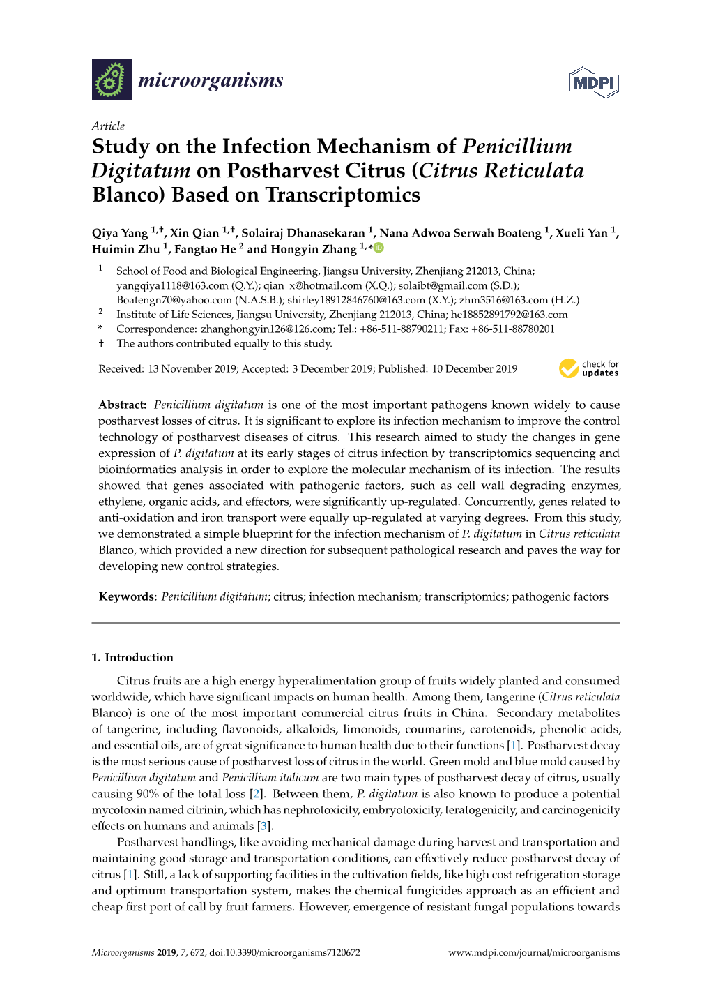 Study on the Infection Mechanism of Penicillium Digitatum on Postharvest Citrus (Citrus Reticulata Blanco) Based on Transcriptomics