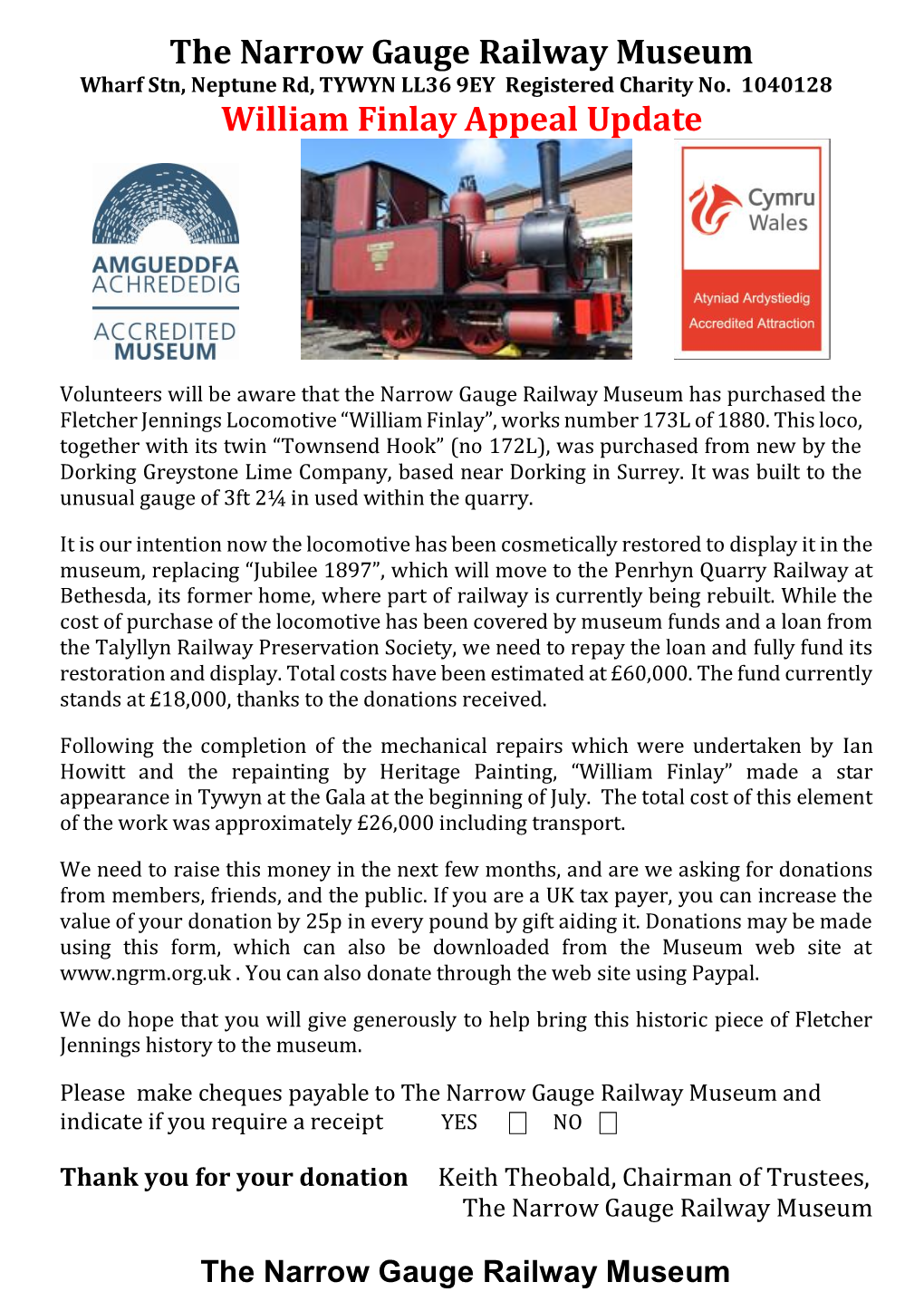 The Narrow Gauge Railway Museum William Finlay Appeal Update