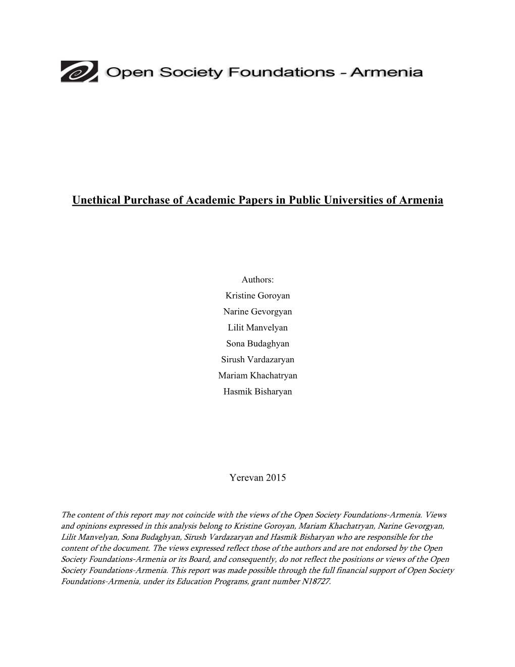 Unethical Purchase of Academic Papers in Public Universities of Armenia